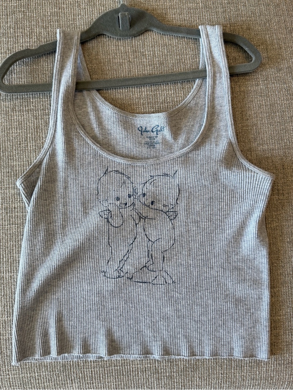 Brandy Melville Gray Ribbed Tank with Cute Line-Art Kittens